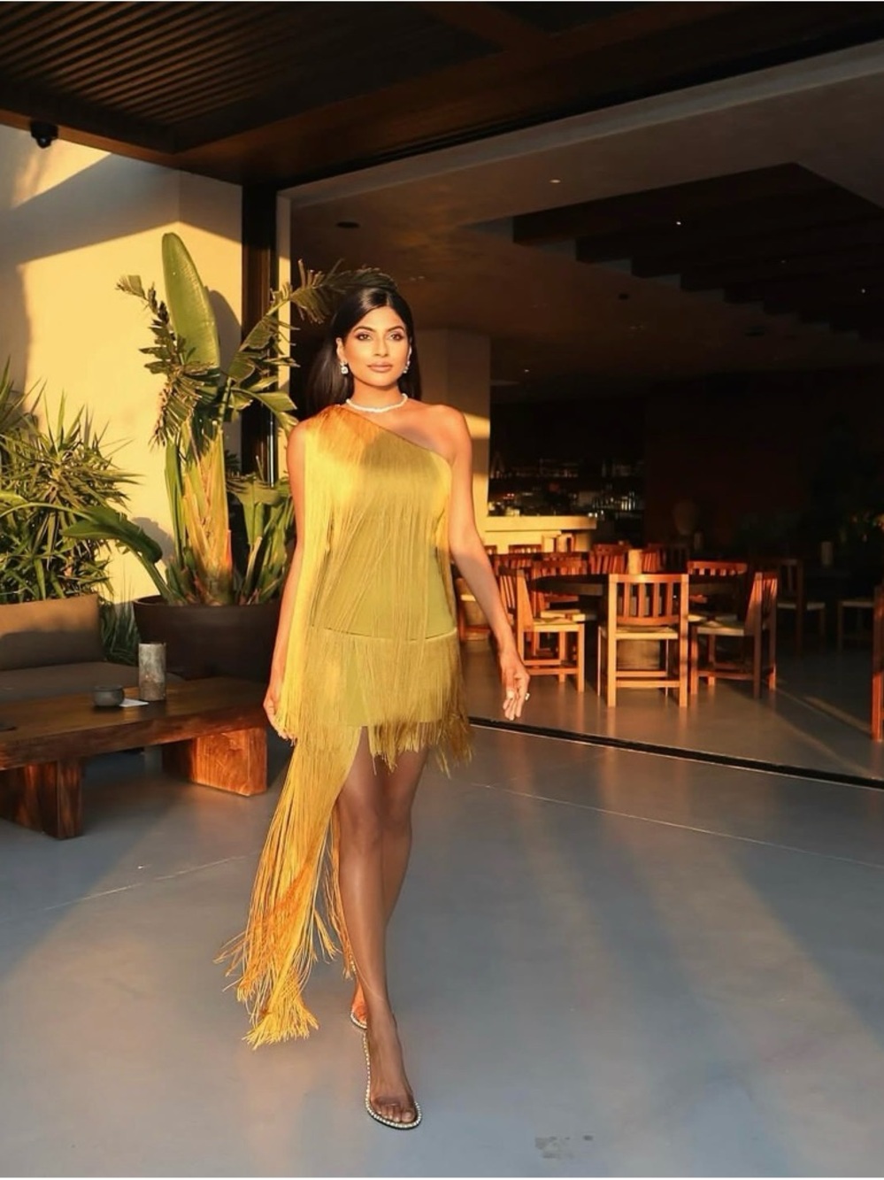 Elisabetta Franchi Lightweight Asymmetric One-Shoulder Fringe in Mustard